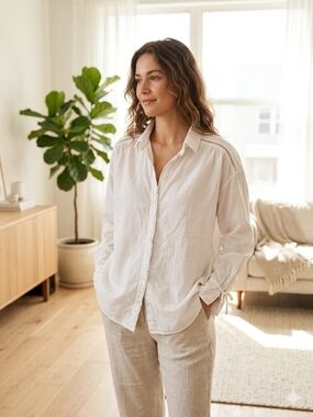 Clothe&Stone Classic White Button-Down Linen Shirt Sz M